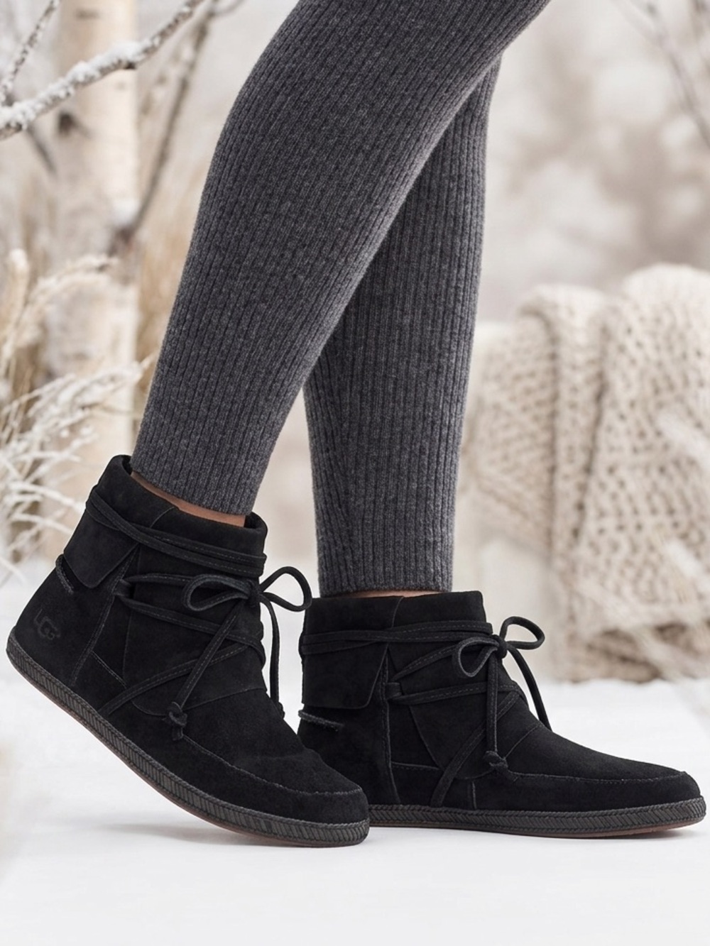 UGG Reid Black Suede Ankle Boot Womens Size 9 Moccasin Leather Soft Boots Shoes